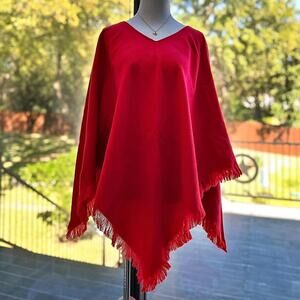 Wool touch red fringe poncho